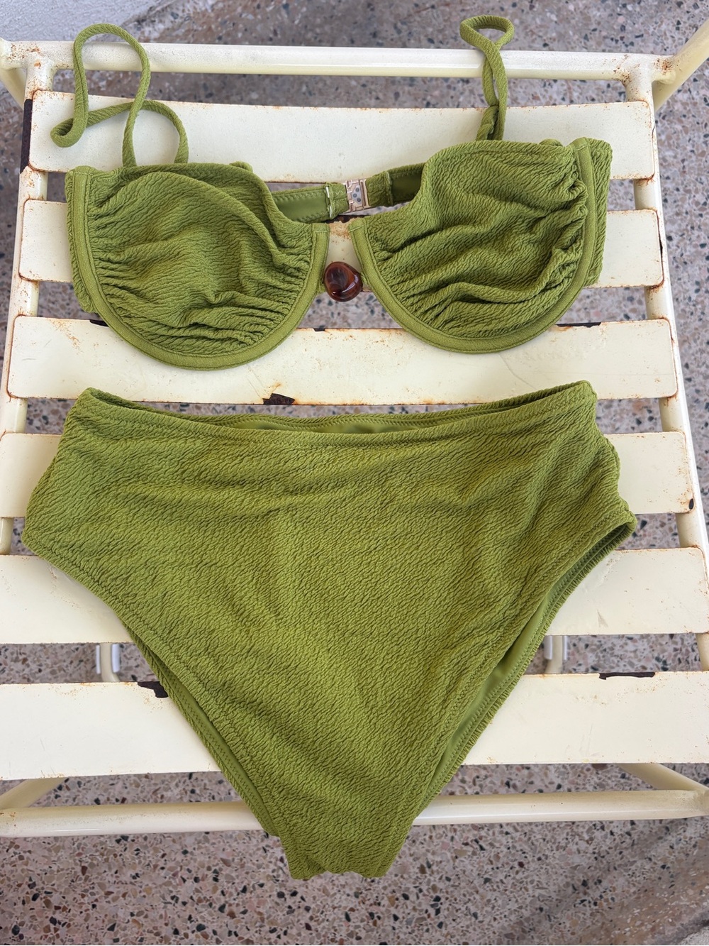 Textured Olive Green High-Waist Bikini Set